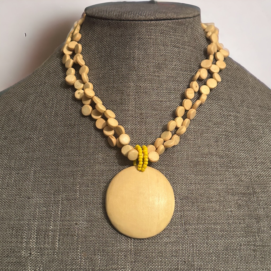 Dressbarn Double Strand Yellow Wood Bead Pendant Necklace
